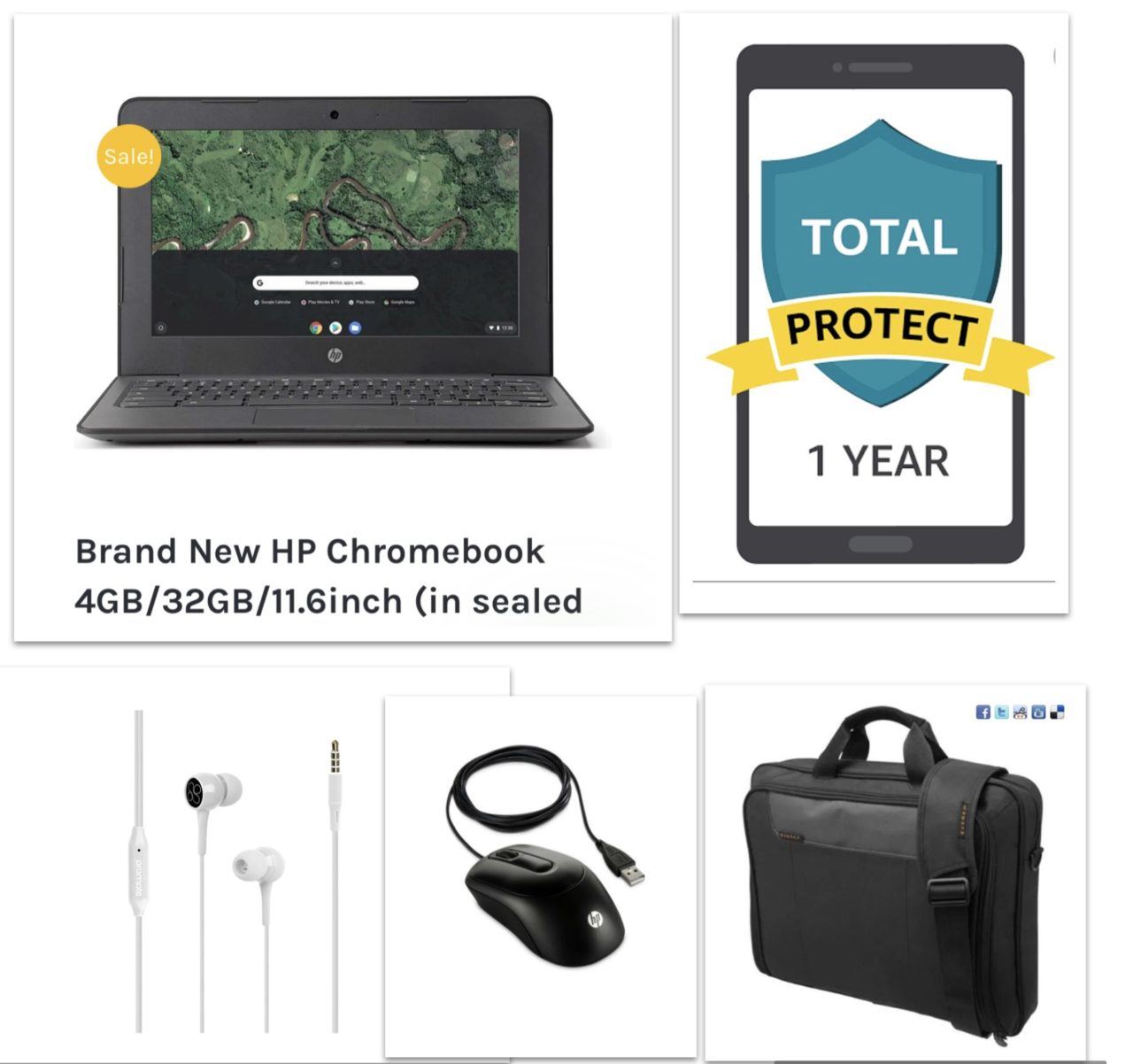 New HP Chromebook Bundle – Chromebook+Bag+Ear Phone+Mouse+12 Month Damage Protection
