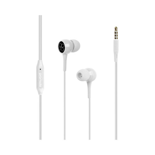 Promate BENT 1.2m Lightweight Stereo earbuds white with built-in Mic tangle free cable